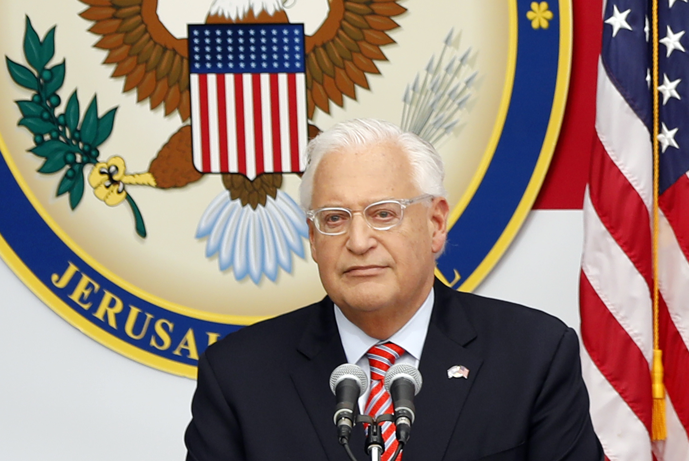 FILE - US Ambassador to Israel David Friedman gives a speech during the opening ceremony at the US consulate that will act as the new US embassy in the Jewish neighborhood of Arnona, in Jerusalem, Israel, 14 May 2018. EPA