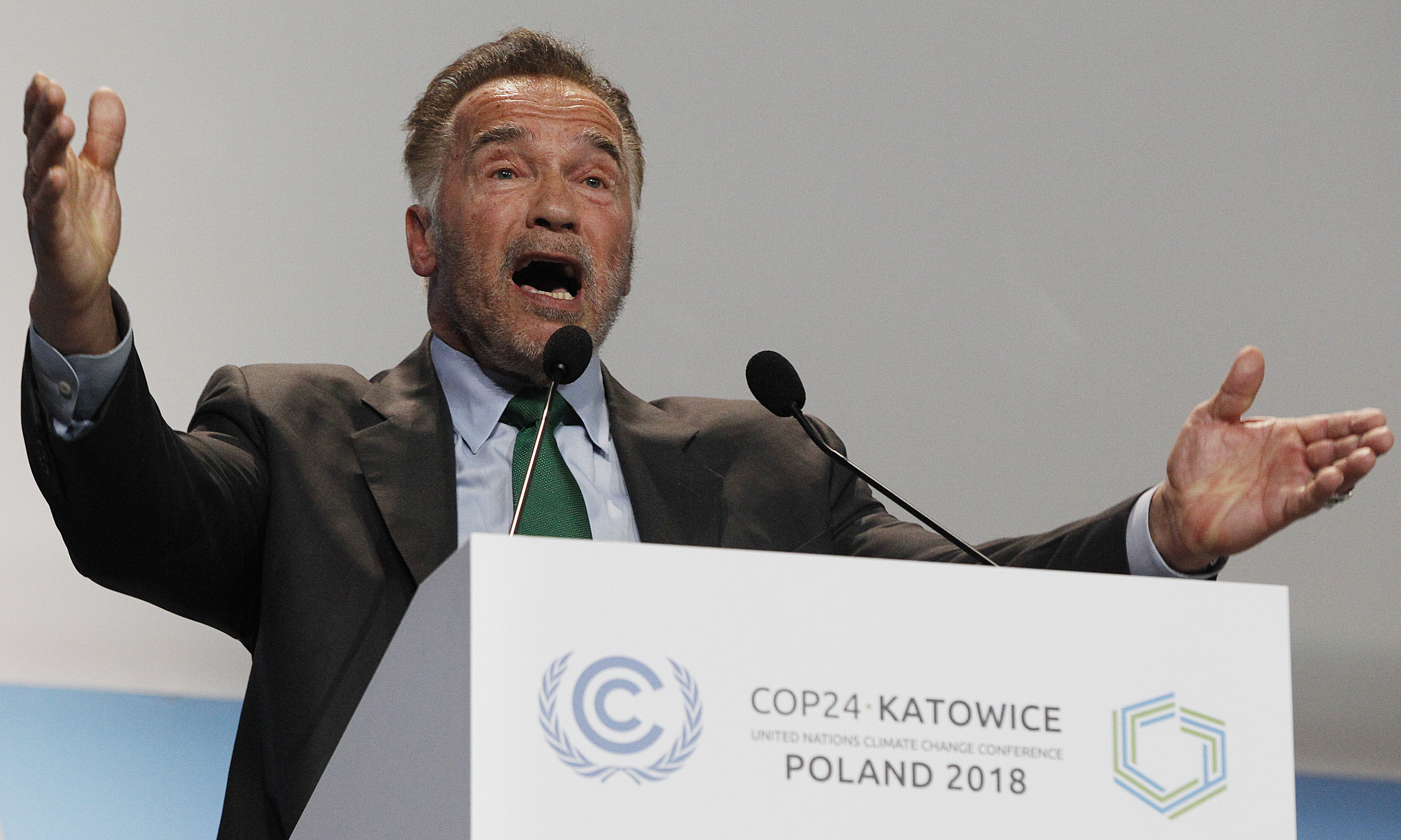 Actor Arnold Schwarzenegger delivers a speech during the opening of COP24 UN Climate Change Conference 2018 in Katowice, Poland, Monday, Dec. 3, 2018. (AP Photo/Czarek Sokolowski)