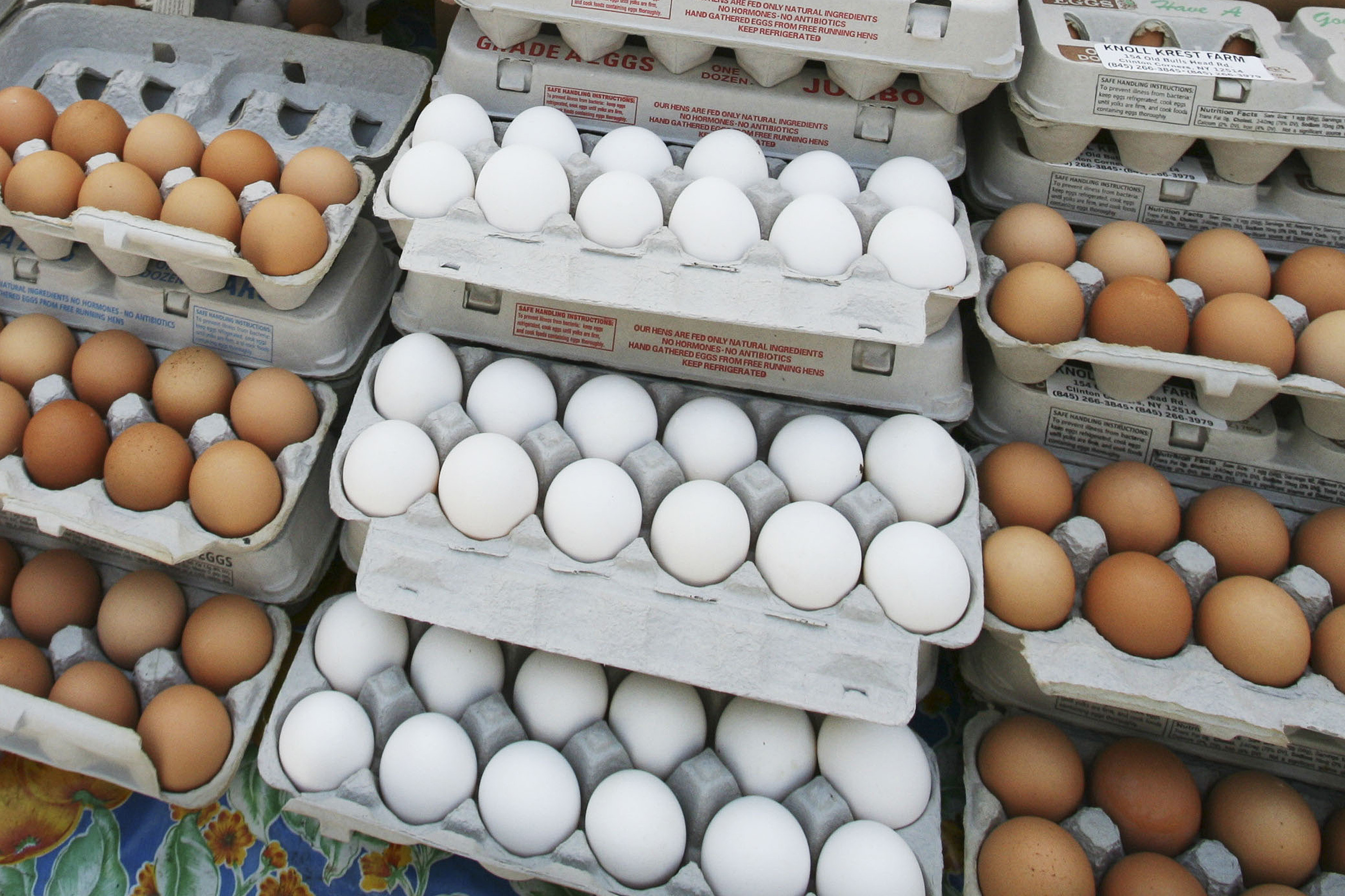 Wang Mo stacks cartons of eggs for sale at the Knoll Krest Farm stand in the Union Square green market on Wednesday, May 14, 2008 in New York. Inflation pressures eased a bit in April despite the biggest jump in food prices in 18 years. (AP Photo/Mark Lennihan)