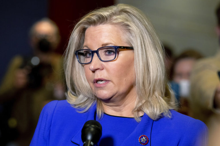 FILE - In this May 12, 2021, file photo, Rep. Liz Cheney, R-Wyo., speaks to reporters at the Capitol in Washington. Rep. Cheney of Wyoming has had a record fundraising quarter, bringing in $1.88 million. Financial reports filed with the Federal Election Commission on Thursday, July 15, 2021, show her campaign has over $2.8 million in the bank. (AP Photo/Amanda Andrade-Rhoades, File)