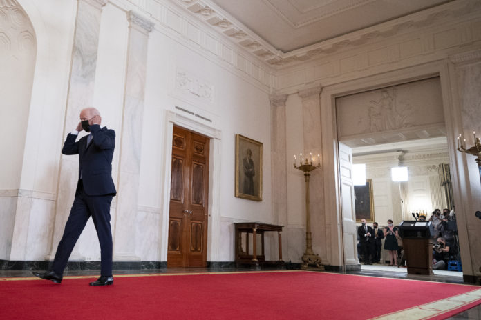 President Joe Biden walks from the podium after speaking about the end of the war in Afghanistan from the State Dining Room of the White House, Tuesday, Aug. 31, 2021, in Washington. (AP Photo/Evan Vucci)