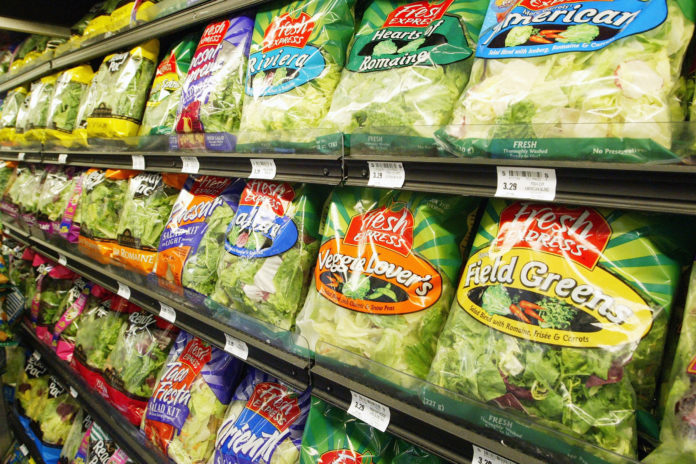 SAN FRANCISCO - JUNE 19: Fresh Express & Ready Pak Pre-Packaged salad sits on the shelf at a Bell Market grocery store June 19, 2003 in San Francisco, California. Packaged salad which was near non-existent a decade ago has become the second fastest selling item on grocery shelves behind bottle water, overall the retail market for bagged salad is $2 billion annually. (Photo by Justin Sullivan/Getty Images)