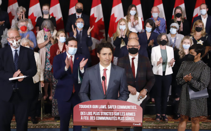 Canada's Prime Minister Justin Trudeau announces new gun control legislation in Ottawa, Ontario, on Monday, May 30, 2022. (Patrick Doyle/The Canadian Press via AP)