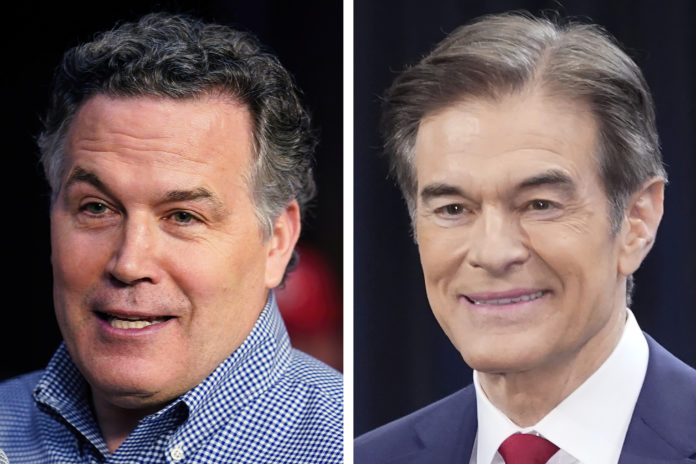 FILE - Pennsylvania Republican Senate candidates David McCormick, left, and Mehmet Oz during campaign appearances in May 2022 in Pennsylvania. McCormick conceded the Republican primary in Pennsylvania for U.S. Senate to Oz, ending his campaign Friday, June 3, as he acknowledged an ongoing statewide recount wouldn't give him enough votes to make up the deficit. (AP Photo/File)
