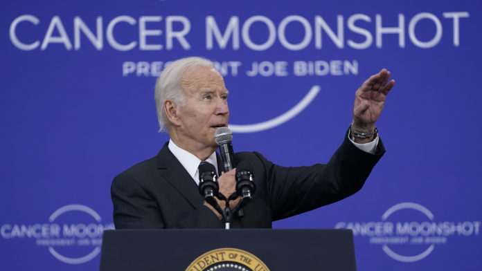 President Joe Biden speaks on the cancer moonshot initiative at the John F. Kennedy Library and Museum, Monday, Sept. 12, 2022, in Boston. (AP Photo/Evan Vucci)