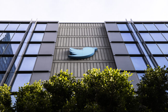 The Twitter logo is seen at the social media company's headquarters in San Francisco on Friday, Nov. 11, 2022. (Stephen Lam/San Francisco Chronicle via AP)
