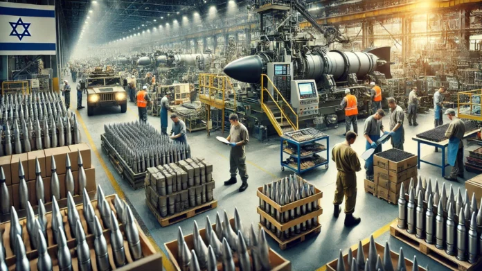 DALL·E-2024-08-18-14.12.38-A-large-weapons-manufacturing-facility-in-Israel-showing-advanced-machinery-and-equipment-producing-munitions-like-bombs-and-artillery-shells.-Engine-e1723979599768