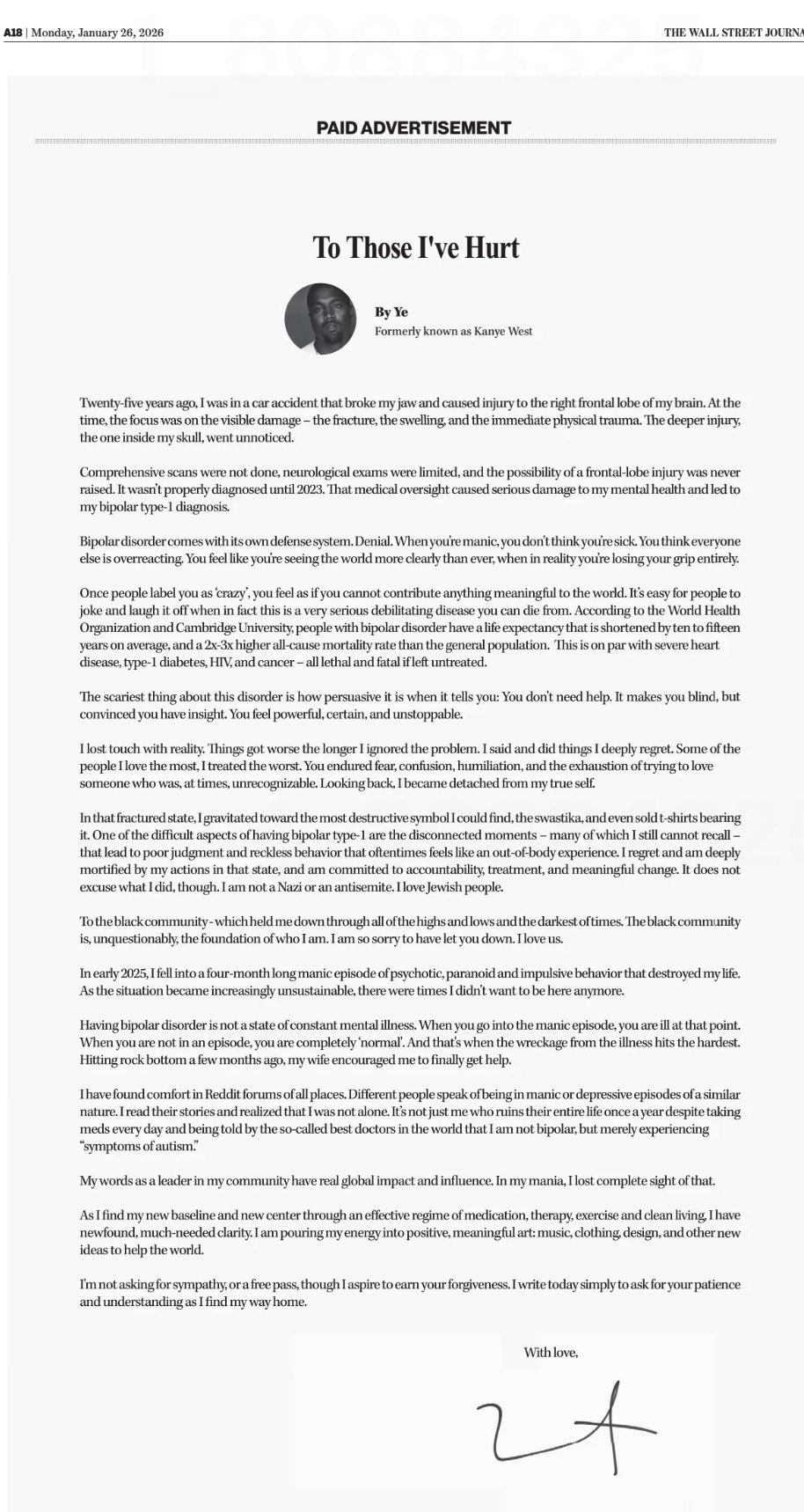 Kanye West Takes Out Wall Street Journal Ad to Apologize for ...